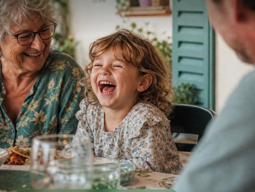 Une petite fille rit aux éclats à table avec sa grand-mère, l'émotion de bien entendre ses proches
